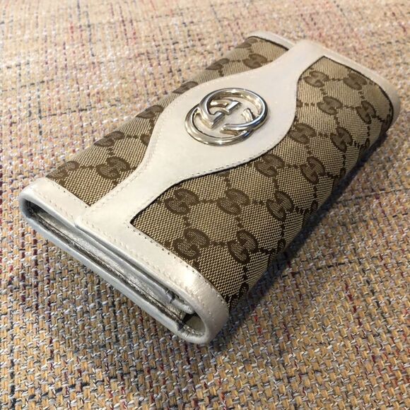 GUCCI GG Full Length Canvas & Silver Gold Leather Wallet GG Clasp - Picture 4 of 17